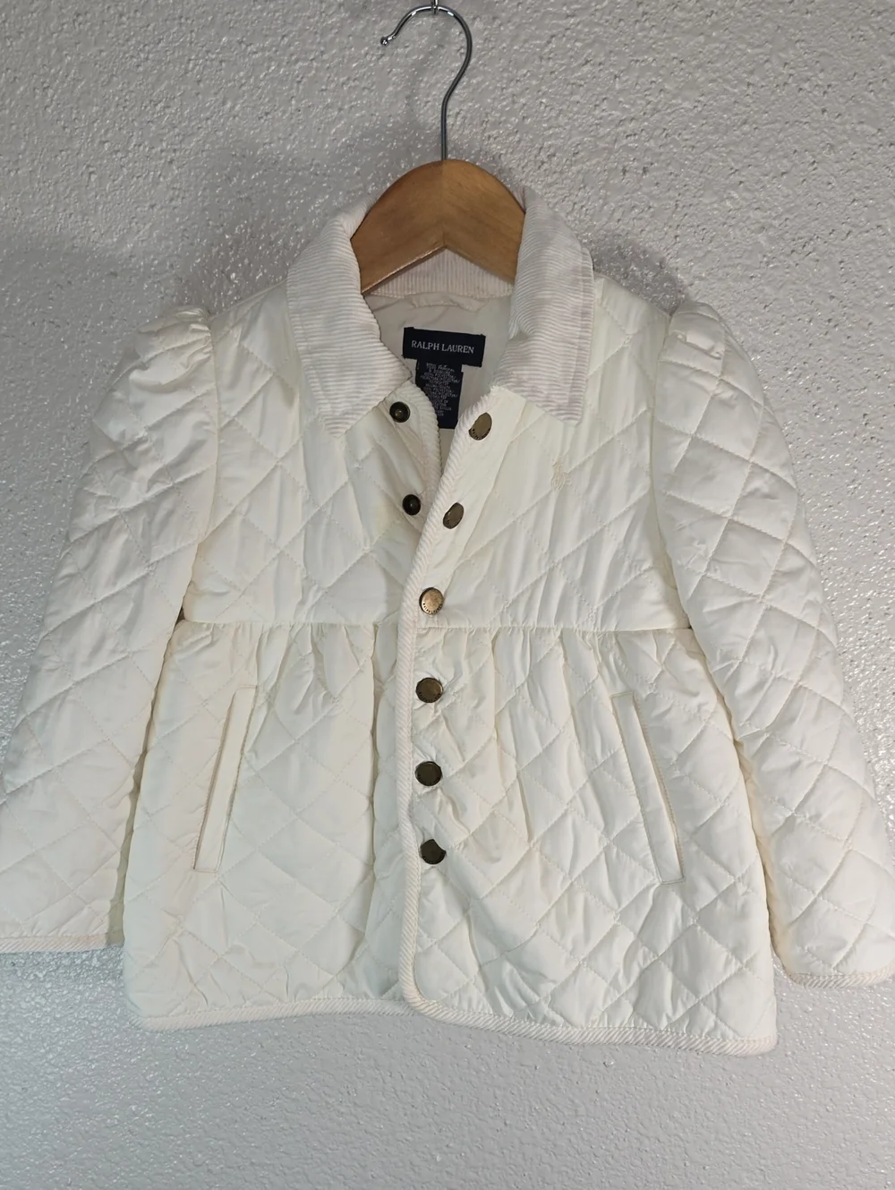 Ralph Lauren Girls' Cream Quilted Puff Jacket with Corduroy Collar